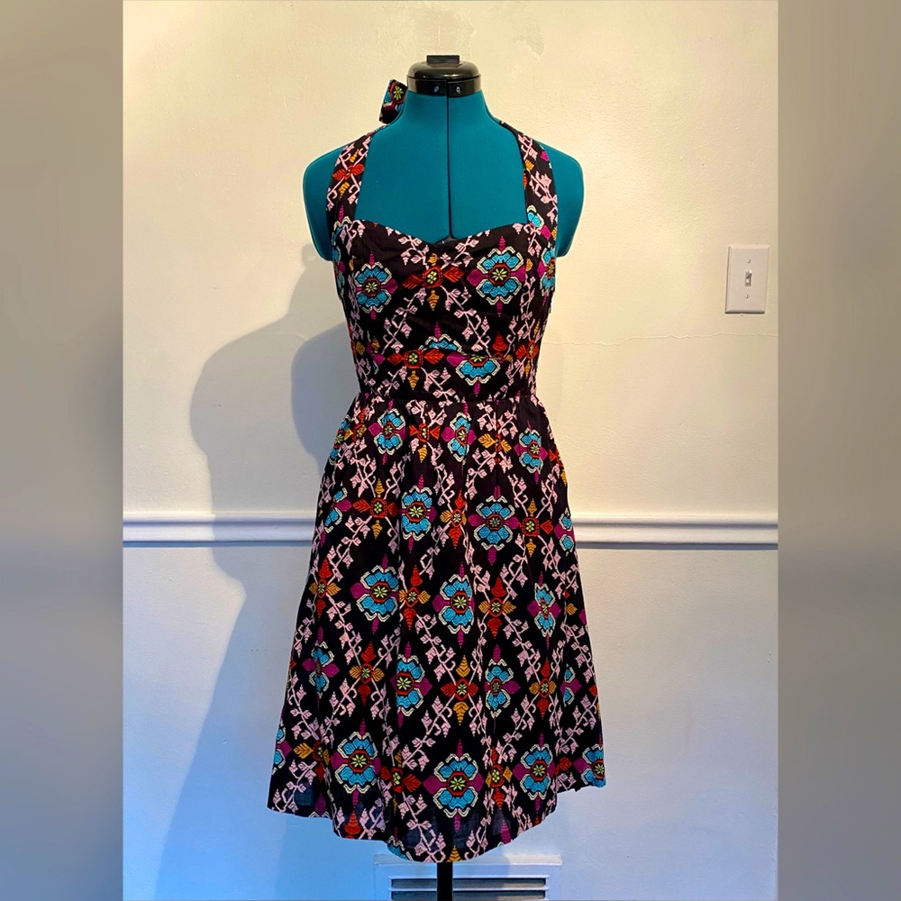 Anthropologie print halter dress with pockets and lace trim
